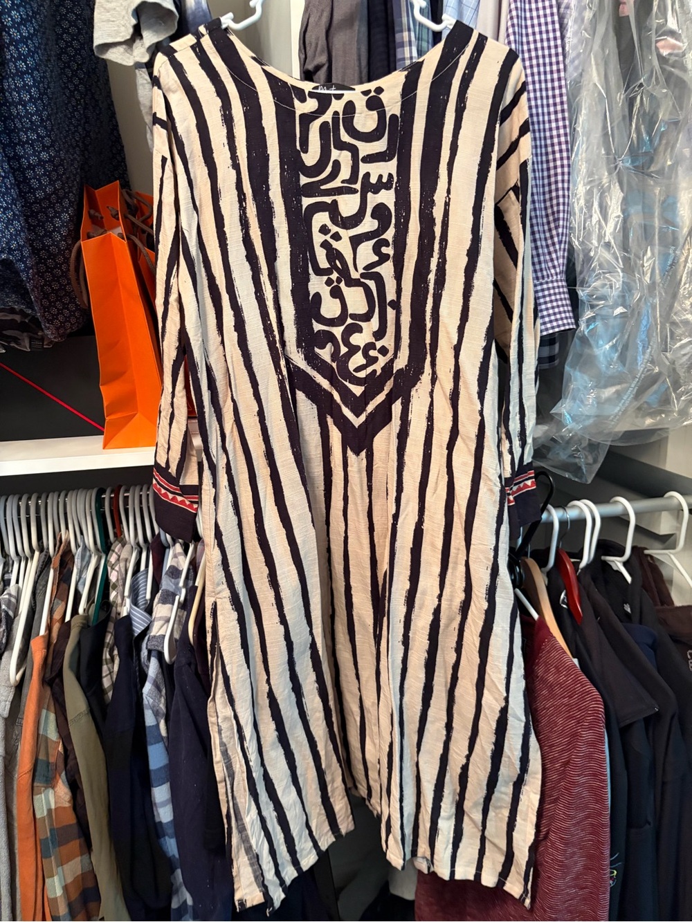 Women’s Black & Cream Striped Kurta with Embroidered Yoke
